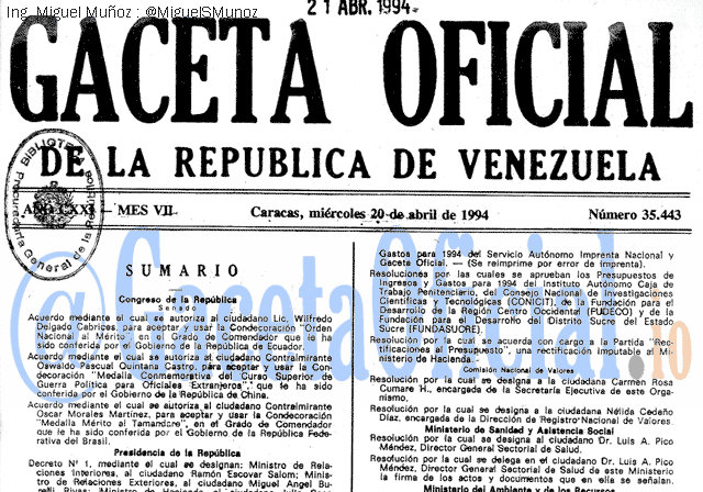 Gaceta Oficial 35443 del 20 Abril 1994
