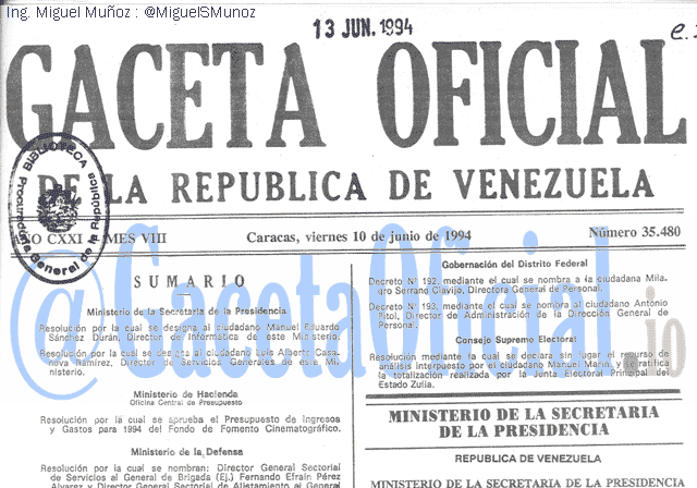 Gaceta Oficial 35480 del 10 Junio 1994