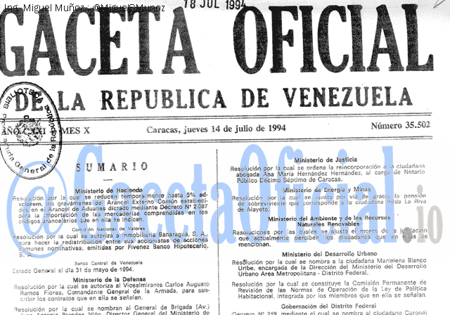 Gaceta Oficial 35502 del 14 Julio 1994