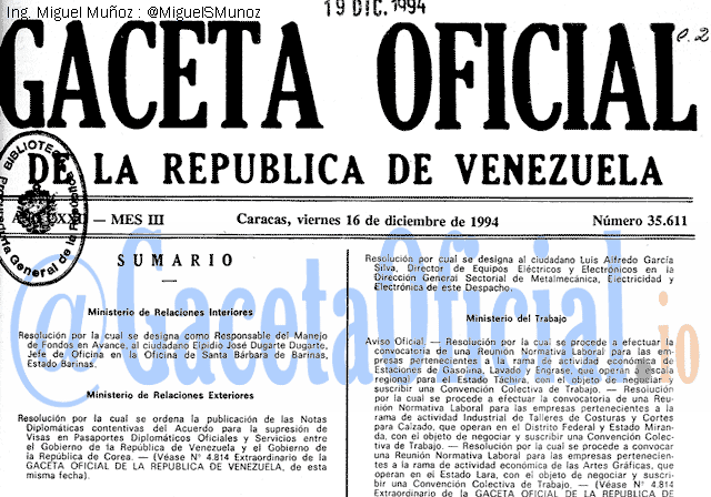 Gaceta Oficial 35611 del 16 Diciembre 1994