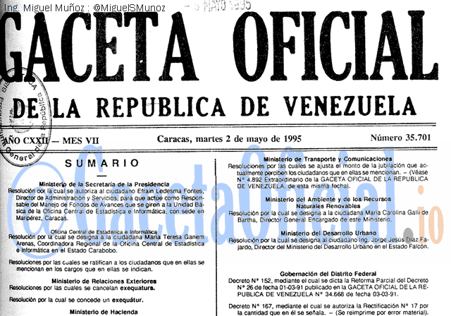 Gaceta Oficial 35701 del 2 Mayo 1995