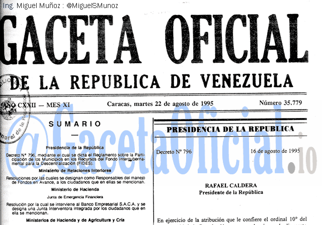 Gaceta Oficial 35779 del 22 Agosto 1995