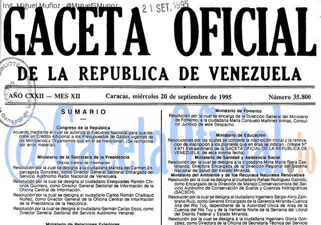 Gaceta Oficial 35800 del 20 Septiembre 1995