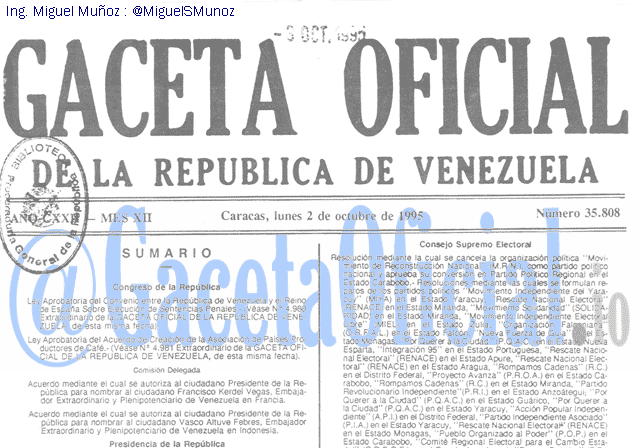 Gaceta Oficial 35808 del 2 Octubre 1995