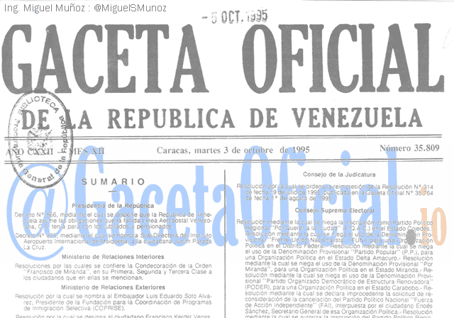 Gaceta Oficial 35809 del 3 Octubre 1995