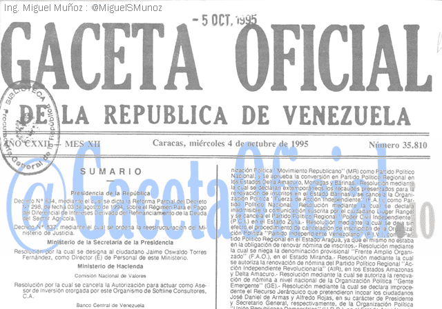Gaceta Oficial 35810 del 4 Octubre 1995
