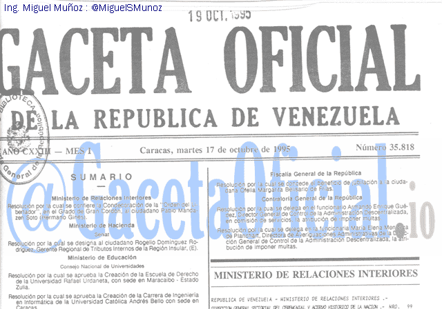 Gaceta Oficial 35818 del 17 Octubre 1995