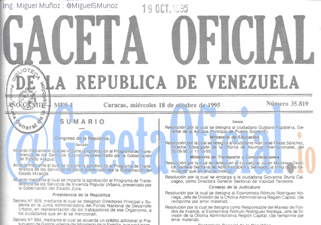 Gaceta Oficial 35819 del 18 Octubre 1995