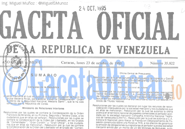 Gaceta Oficial 35822 del 23 Octubre 1995
