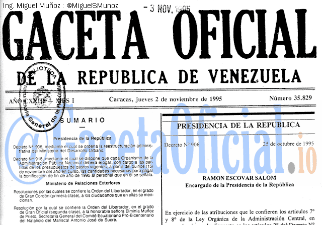 Gaceta Oficial 35829 del 2 Noviembre 1995