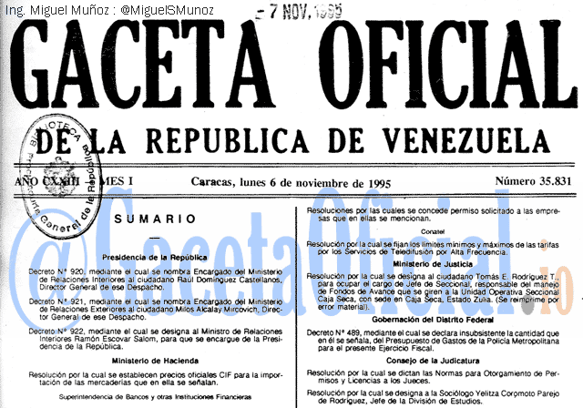 Gaceta Oficial 35831 del 6 Noviembre 1995