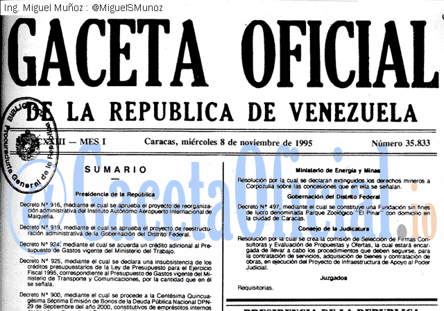 Gaceta Oficial 35833 del 8 Noviembre 1995