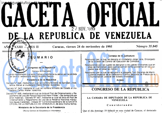 Gaceta Oficial 35845 del 24 Noviembre 1995
