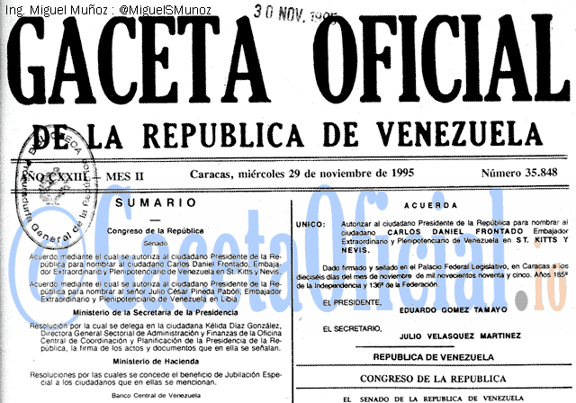 Gaceta Oficial 35848 del 29 Noviembre 1995