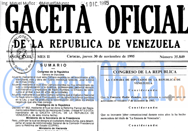 Gaceta Oficial 35849 del 30 Noviembre 1995