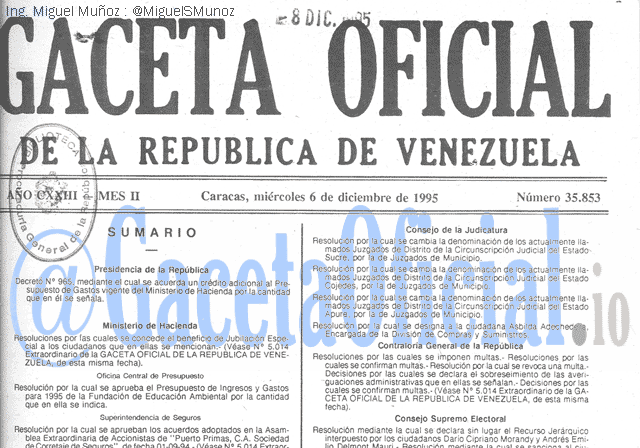 Gaceta Oficial 35853 del 6 Diciembre 1995