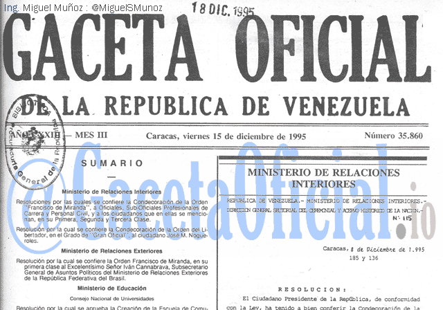 Gaceta Oficial 35860 del 15 Diciembre 1995
