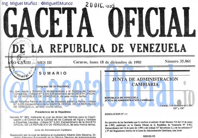 Gaceta Oficial 35861 del 18 Diciembre 1995