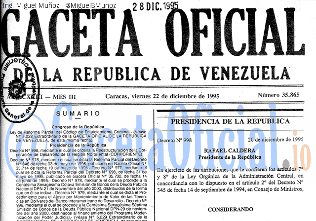 Gaceta Oficial 35865 del 22 Diciembre 1995