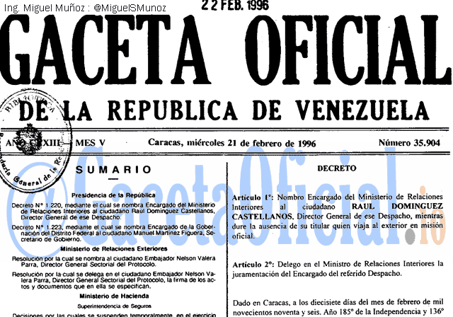 Gaceta Oficial 35904 del 21 Febrero 1996