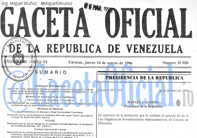 Gaceta Oficial 35920 del 14 Marzo 1996