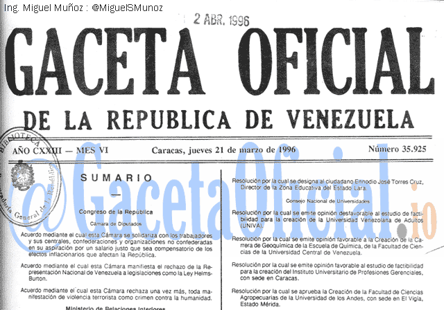 Gaceta Oficial 35925 del 21 Marzo 1996