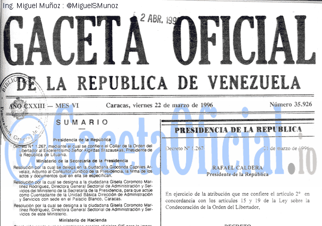 Gaceta Oficial 35926 del 22 Marzo 1996