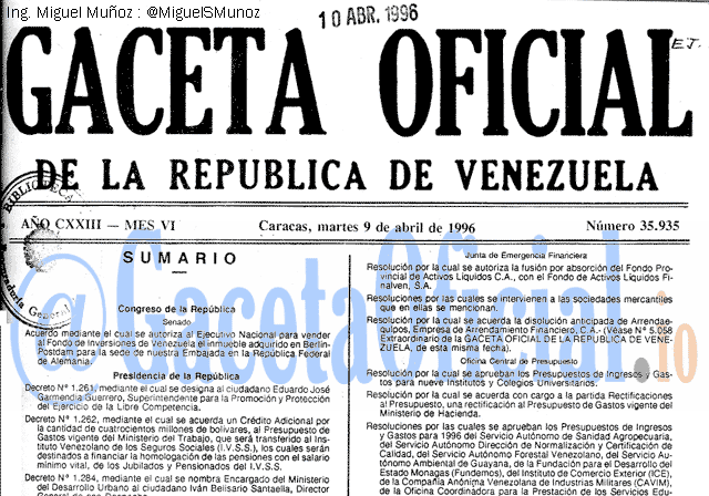 Gaceta Oficial 35935 del 9 Abril 1996