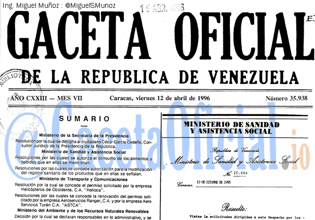 Gaceta Oficial 35938 del 12 Abril 1996