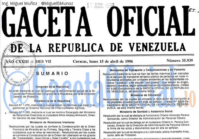 Gaceta Oficial 35939 del 15 Abril 1996