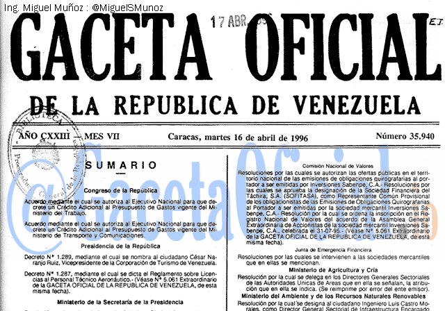 Gaceta Oficial 35940 del 16 Abril 1996