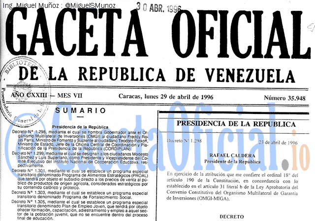 Gaceta Oficial 35948 del 29 Abril 1996
