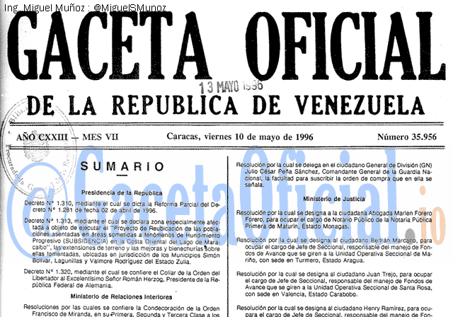 Gaceta Oficial 35956 del 10 Mayo 1996