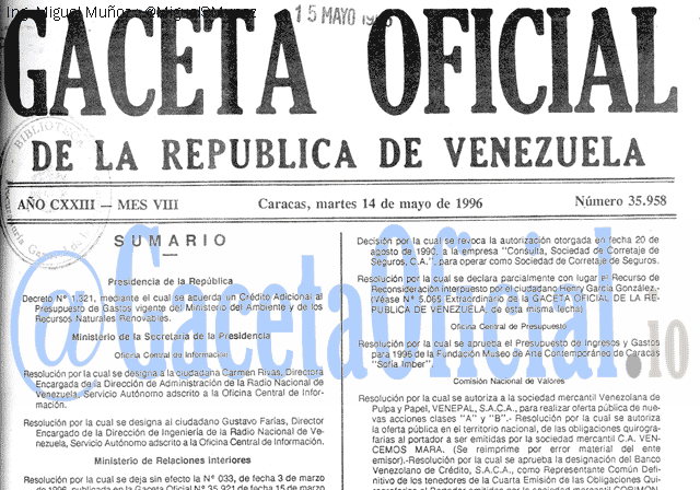 Gaceta Oficial 35958 del 14 Mayo 1996