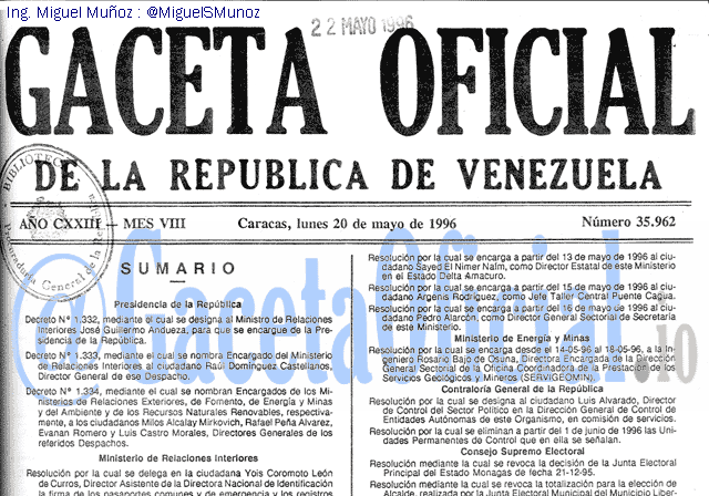 Gaceta Oficial 35962 del 20 Mayo 1996
