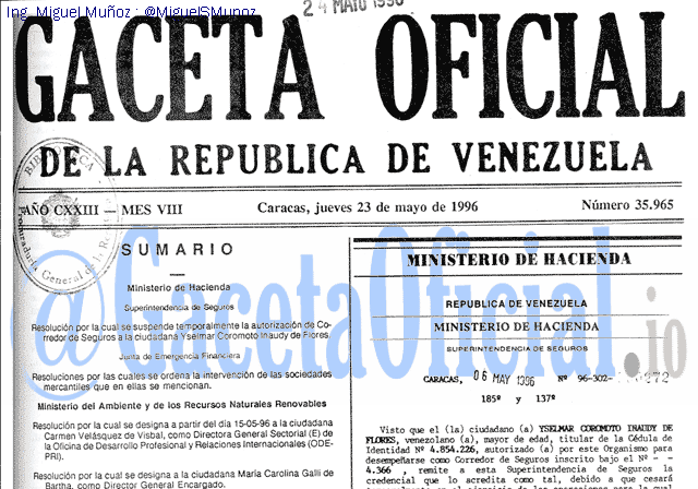 Gaceta Oficial 35965 del 23 Mayo 1996