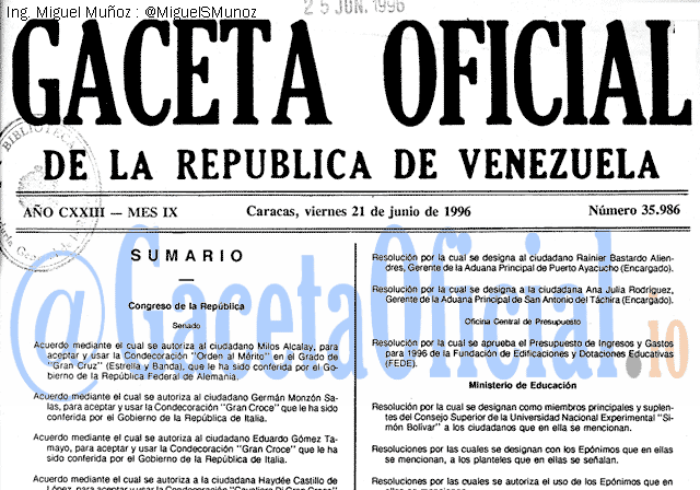 Gaceta Oficial 35986 del 21 Junio 1996