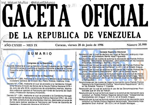 Gaceta Oficial 35990 del 28 Junio 1996