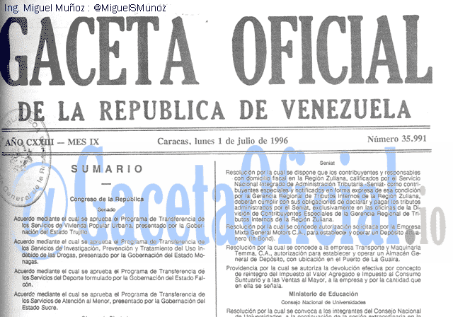 Gaceta Oficial 35991 del 1 Julio 1996