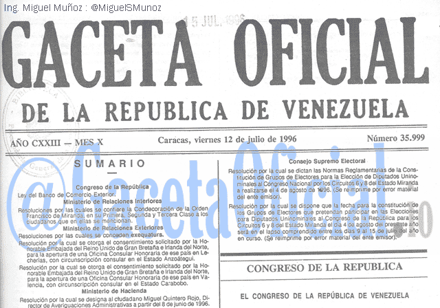 Gaceta Oficial 35999 del 12 Julio 1996