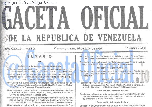 Gaceta Oficial 36001 del 16 Julio 1996