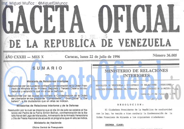 Gaceta Oficial 36005 del 22 Julio 1996