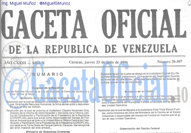Gaceta Oficial 36007 del 25 Julio 1996