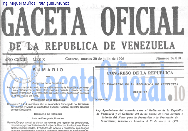 Gaceta Oficial 36010 del 30 Julio 1996