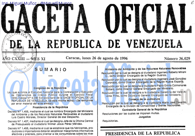 Gaceta Oficial 36029 del 26 Agosto 1996