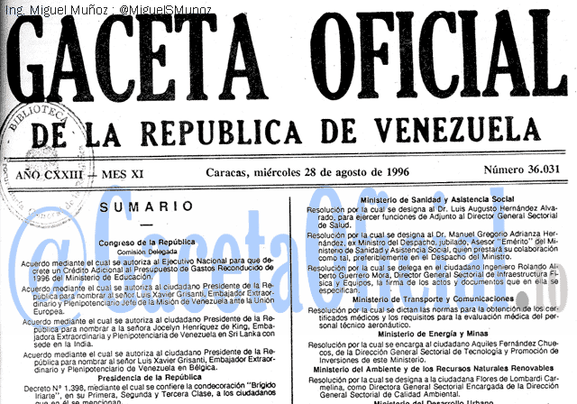 Gaceta Oficial 36031 del 28 Agosto 1996