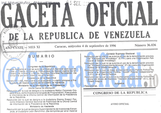 Gaceta Oficial 36036 del 4 Septiembre 1996