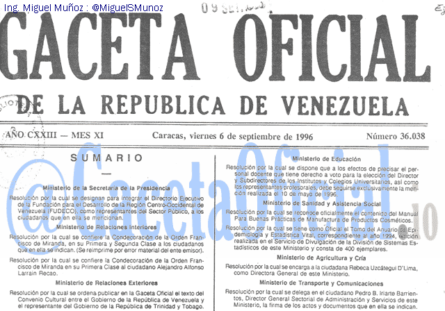 Gaceta Oficial 36038 del 6 Septiembre 1996