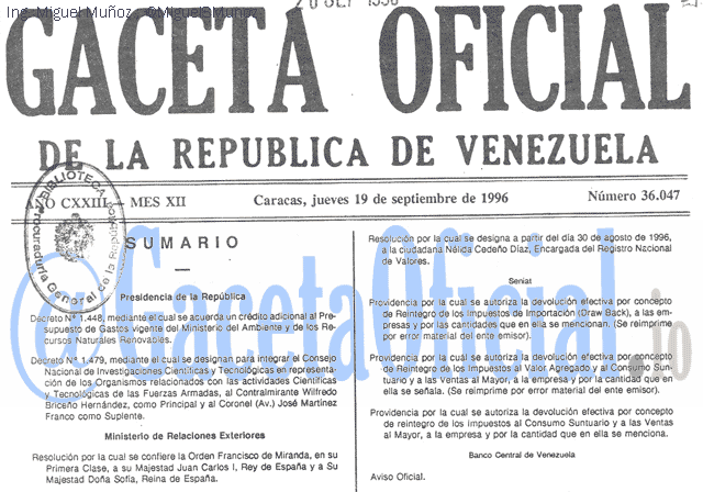 Gaceta Oficial 36047 del 19 Septiembre 1996