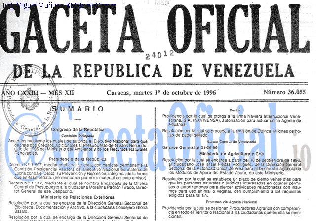 Gaceta Oficial 36055 del 1 Octubre 1996